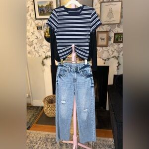 3pc Bundle Kids Striped Navy+White Top, Black longsleeves, Blue Jeans